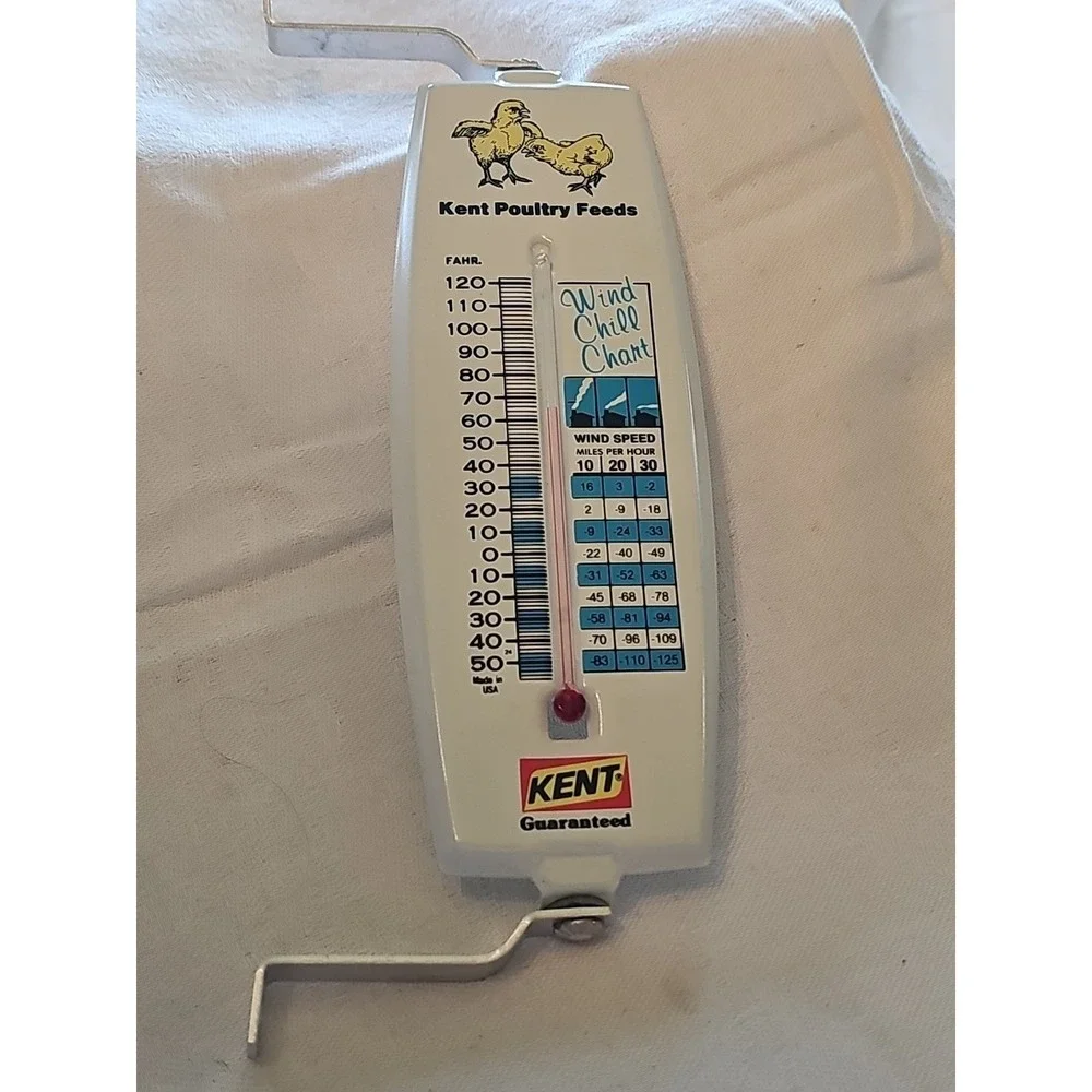 MIB Vintage Kent Poultry Feeds Metal Wind Chill Thermometer Sign Old Farm & Seed